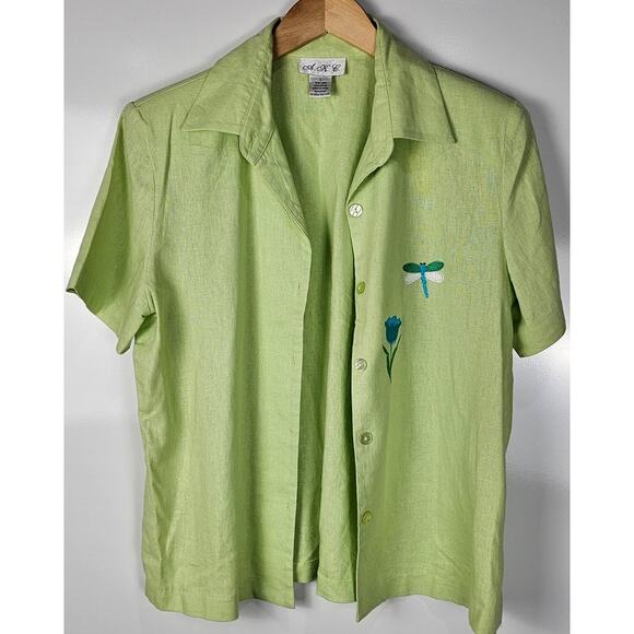 AKC VTG linen 2pc dress short sleeve jacket women's size L lime green dragon fly - Picture 11 of 16